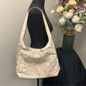 The Sak Cream Laser-Cut Floral Leather Shoulder Bag Tote Purse Large Everyday